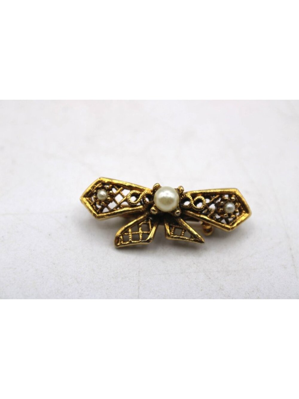 Vintage Bow Brooch Pin Lattice Design Pearl Accent MCM Costume Jewelry Lapel Hat